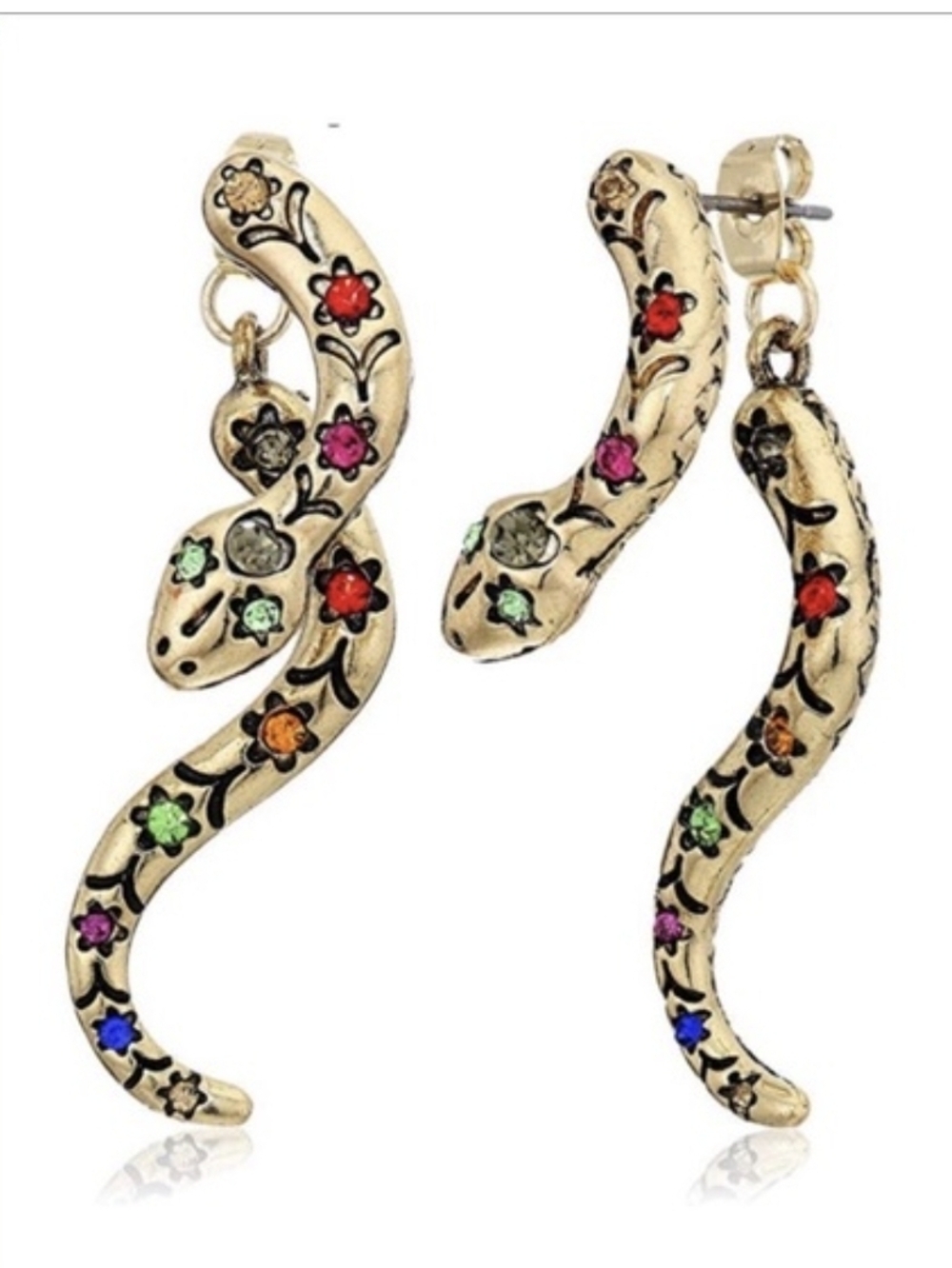 Betsey Johnson Gold-Tone Snake Crystal Stud Earrings with Multicolor Gems